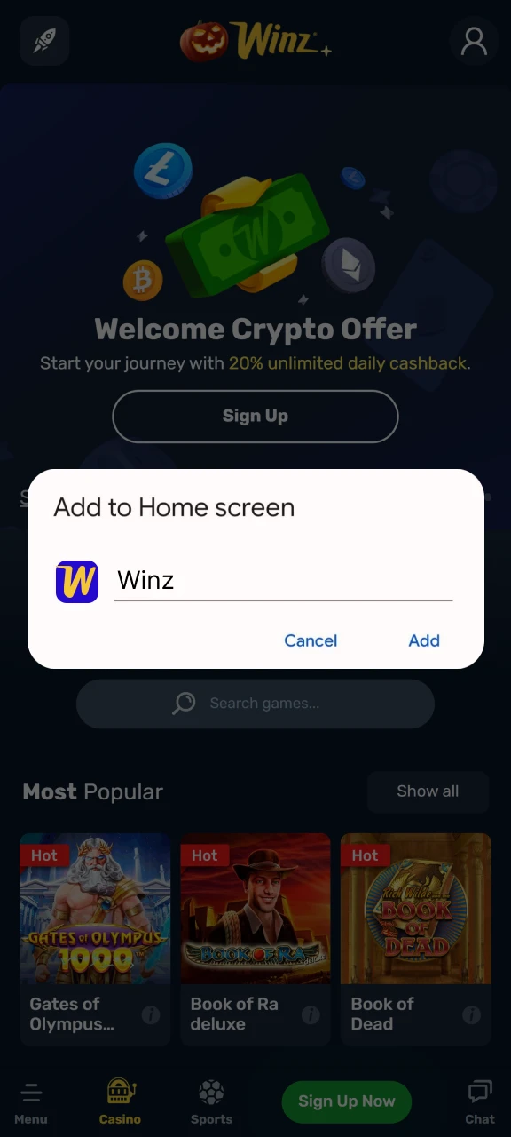Tap Add to Home Screen to add the Winz app.