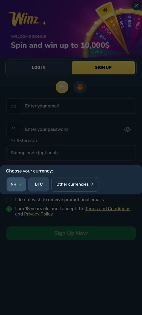 Select the appropriate currency on the Winz website.