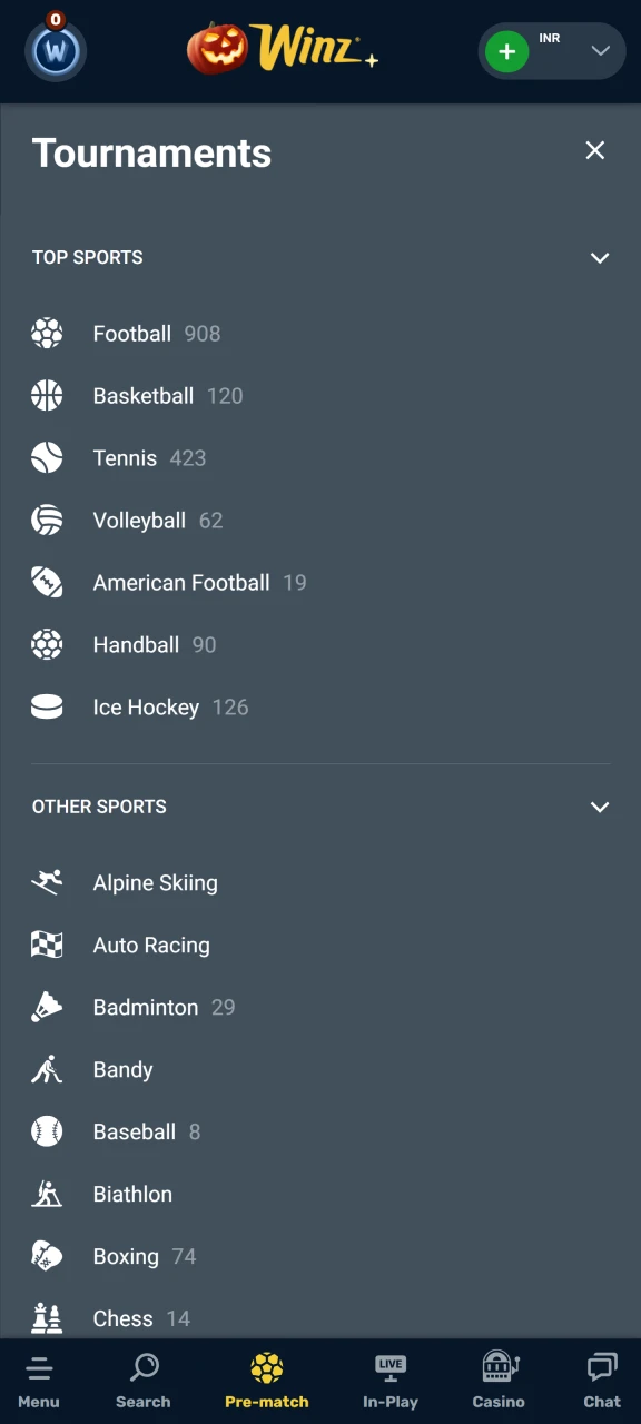 Choose your favorite sport to bet on at Winz.