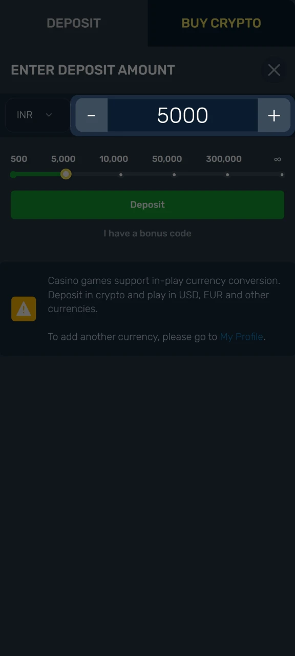 Enter the deposit amount at Winz.