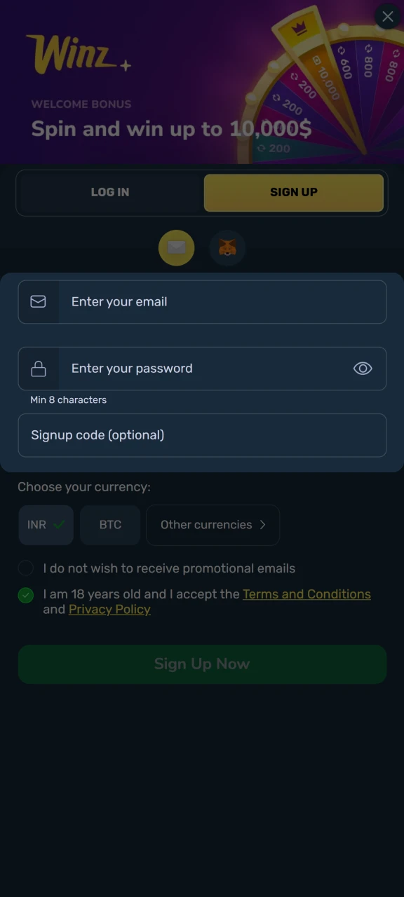 Enter your email address and password in the appropriate fields on the Winz website.