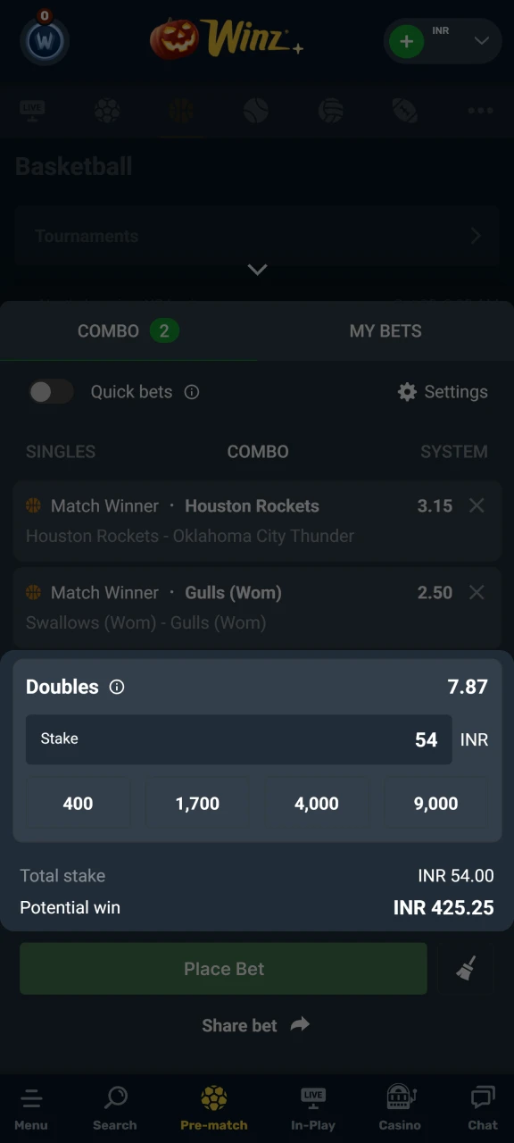 Enter the amount to place a bet at Winz.