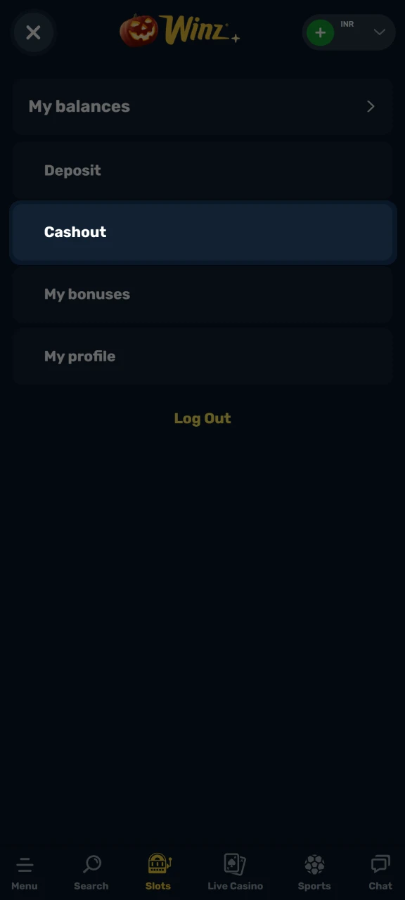 Open the withdrawal tab on the Winz platform.