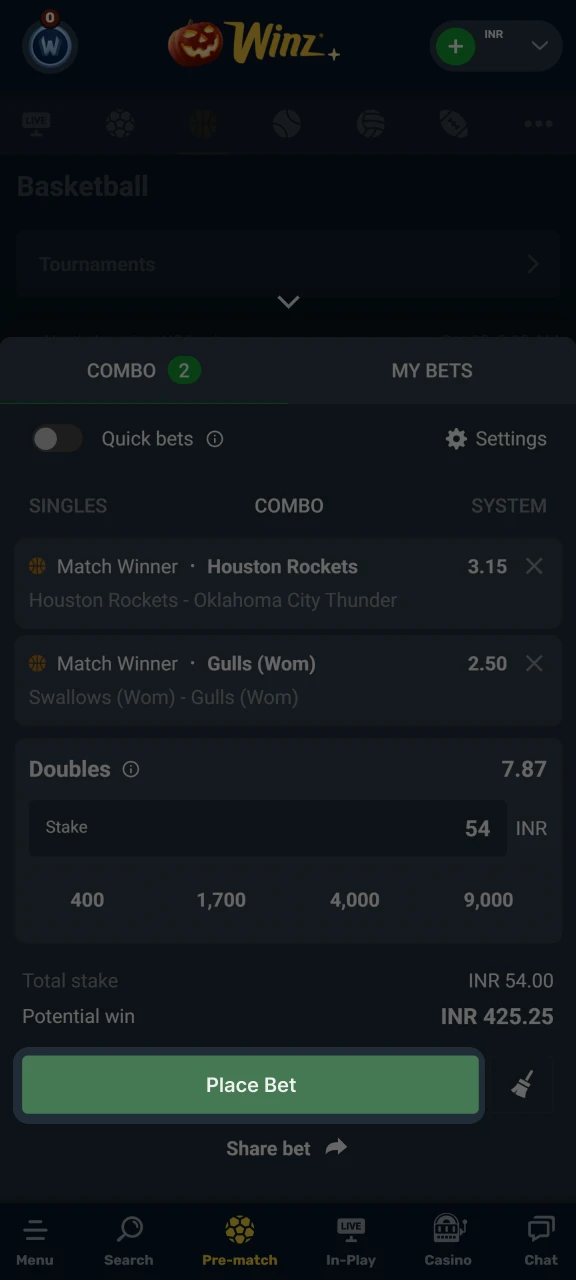 Place a bet on your chosen match at Winz.