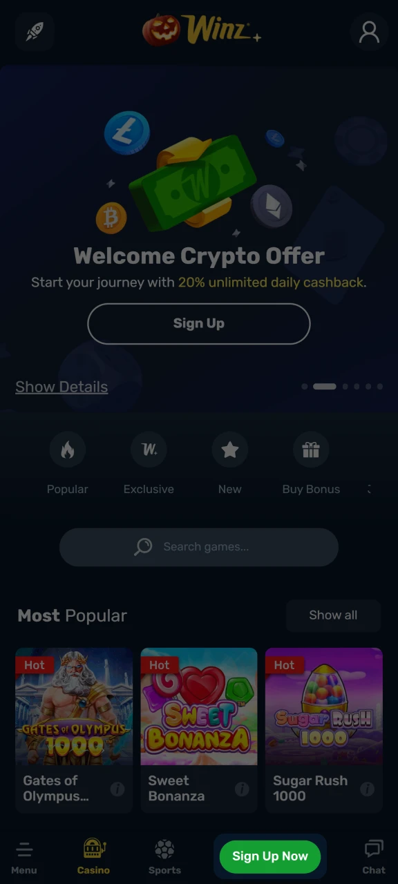 Click the Sign Up button to create an account at Winz.