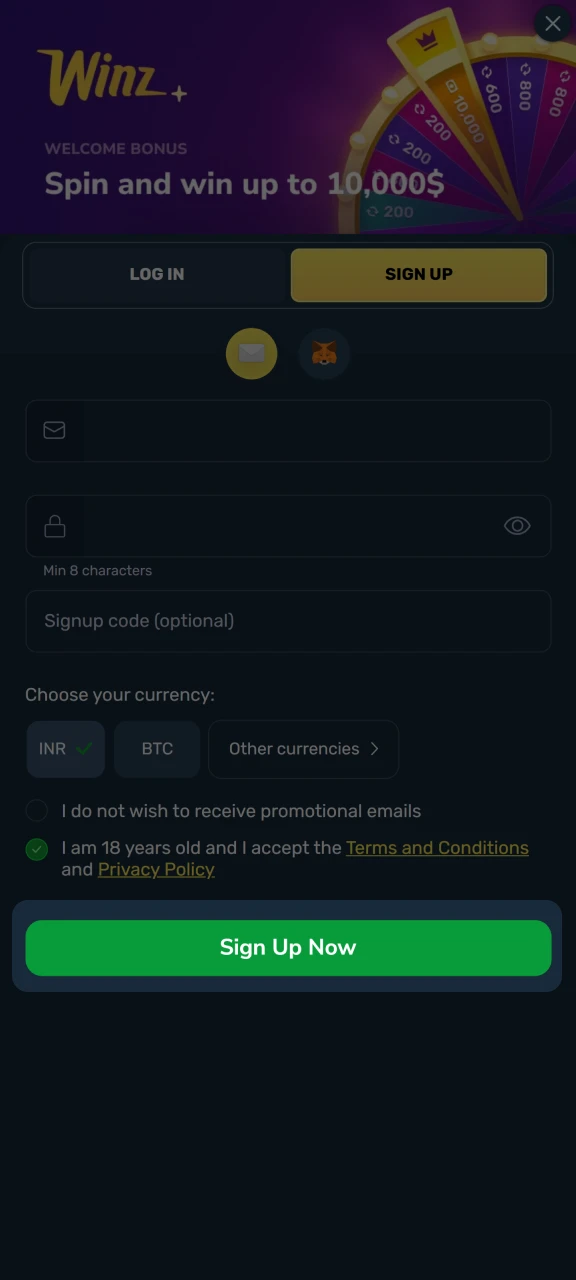 Confirm your registration on the Winz platform.