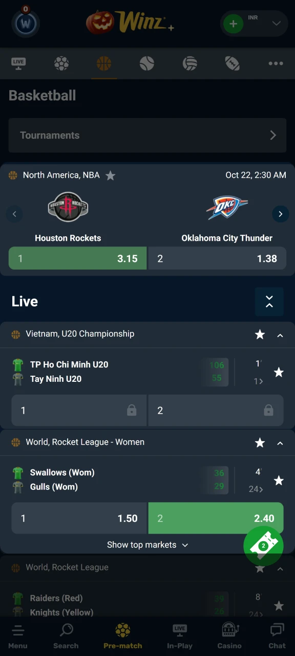 Select the matches you want to bet on at Winz.