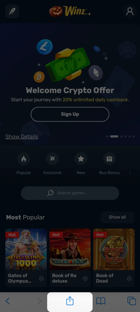 Click Share to open the menu and add a Winz shortcut.
