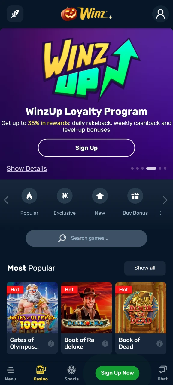 Play and place bets in the Winz app for Android and iOS.