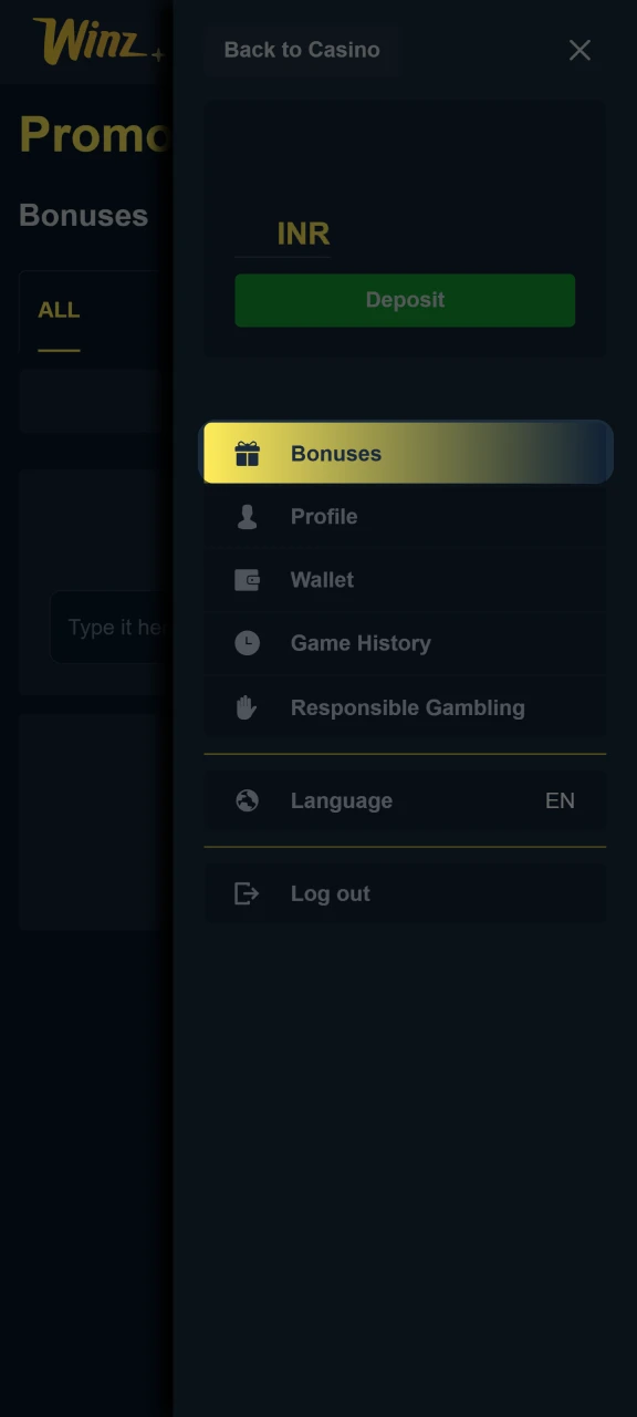Go to the Bonuses tab to activate your Winz bonus.
