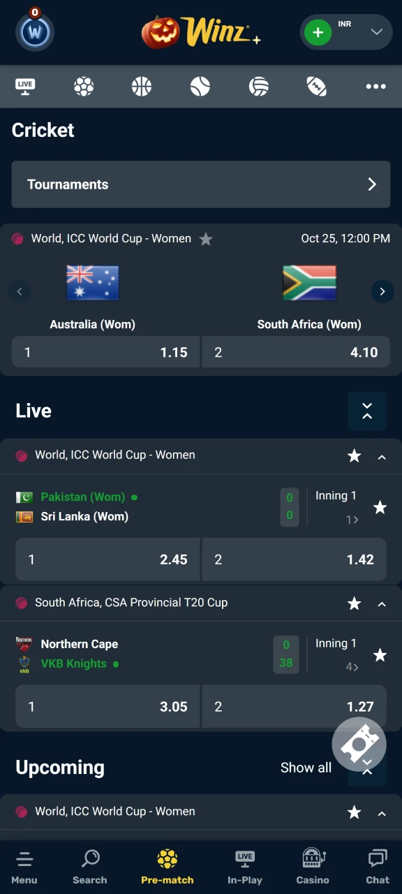 Choose the league and match you want to bet on at Winz.