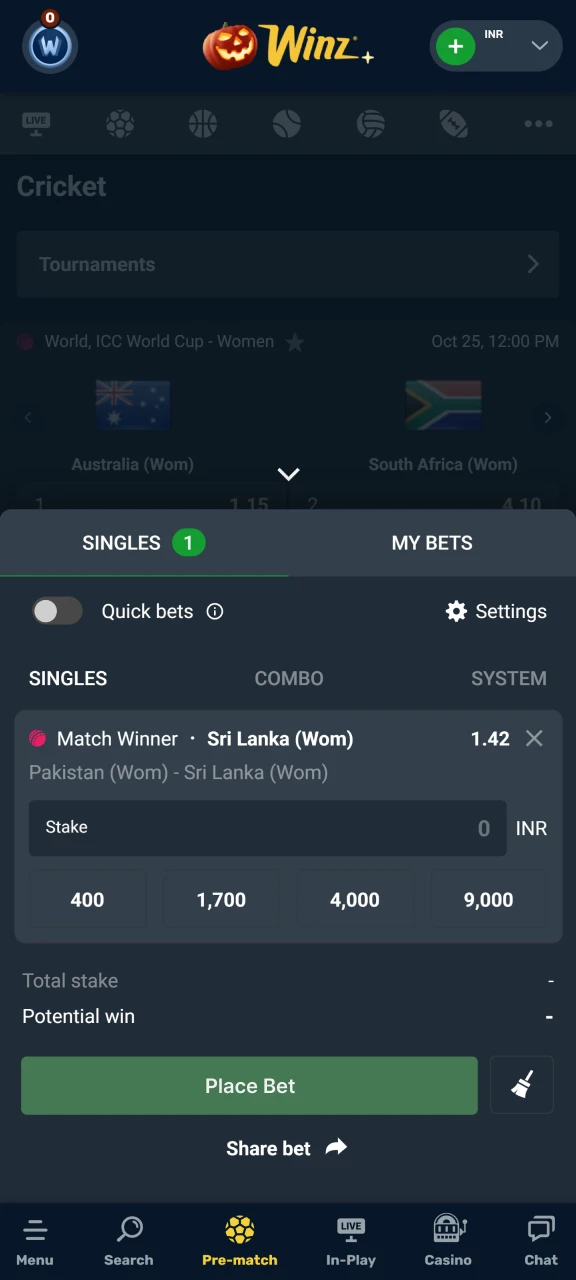 Place a bet on your chosen match at Winz.