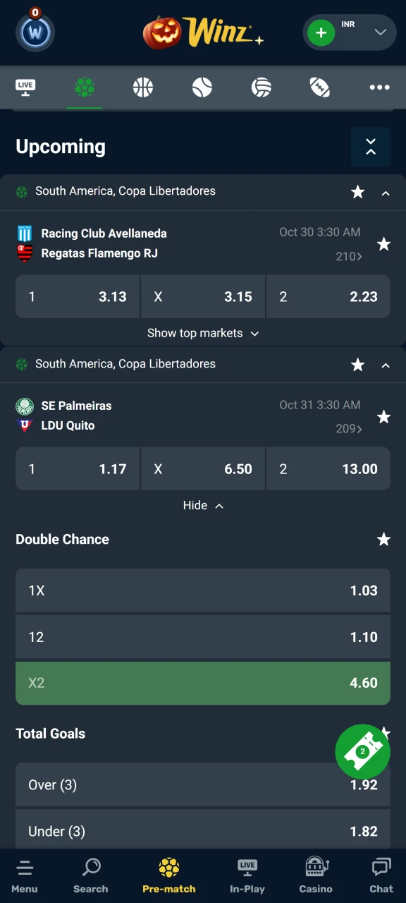 Compare odds for matches on the Winz platform.