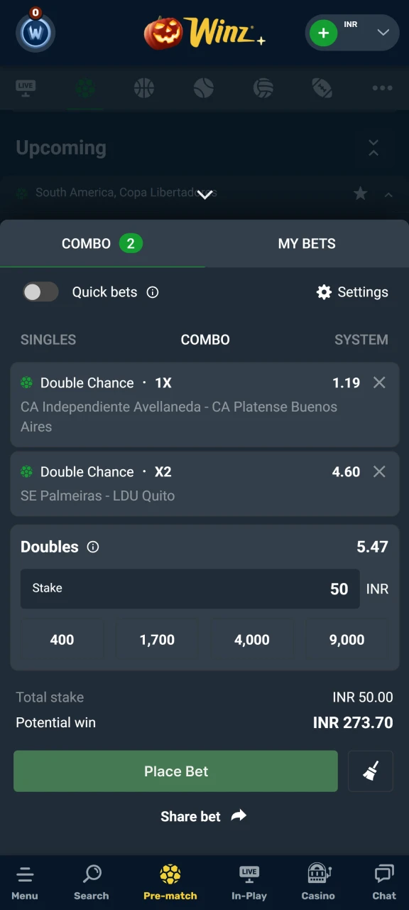 Enter the bet amount at Winz.