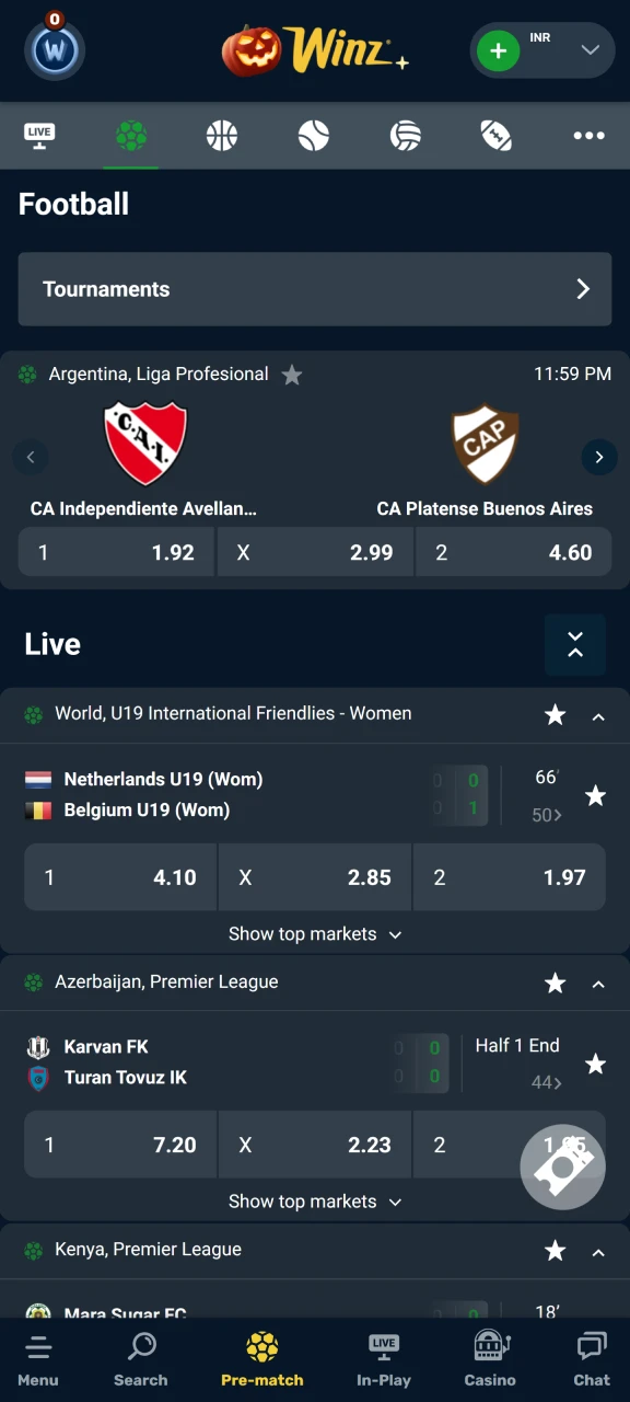 Select the football match you want to bet on at Winz.