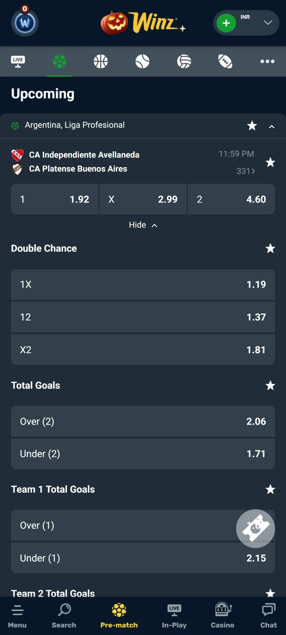 Choose a league and other parameters to place a bet on the Winz website.