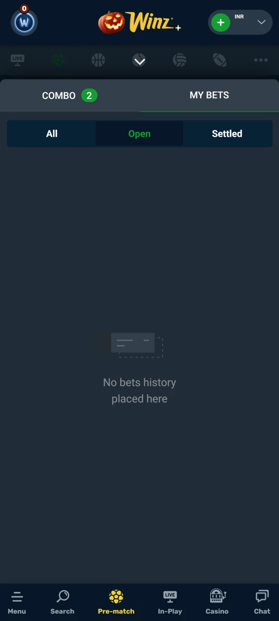 Open the My Bets tab to track your bets at Winz.