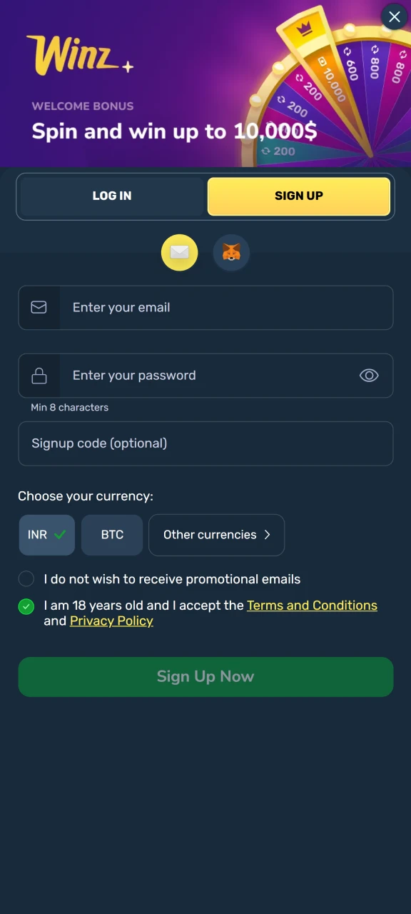 Register on the Winz platform.