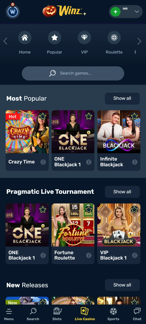 Select a live casino game to play at Winz.