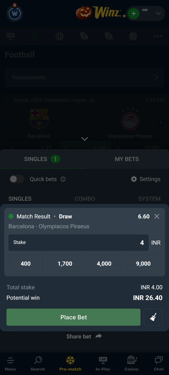 Finish placing your bet on the Winz website.