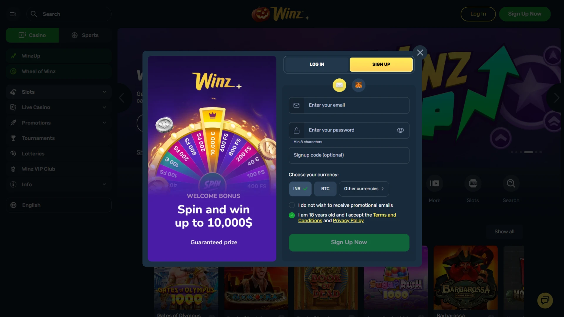 Register on the Winz website to place bets and play casino games.