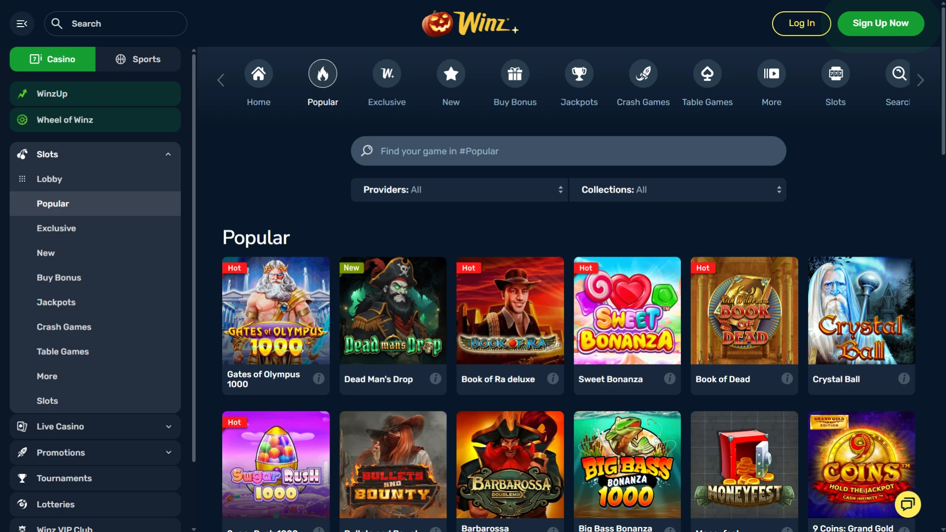 Select a slot game to play at WInz.