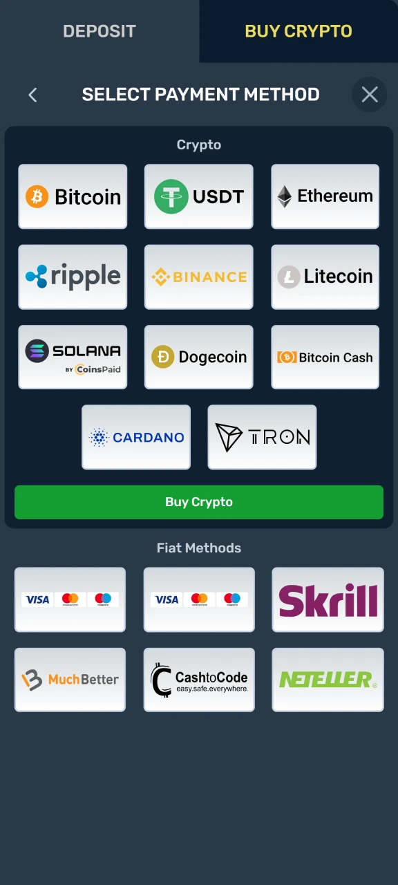 Select a payment method to top up your Winz account.