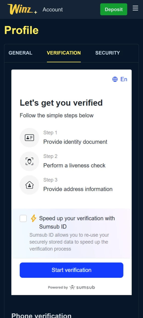 Verify your Winz account to make transactions.