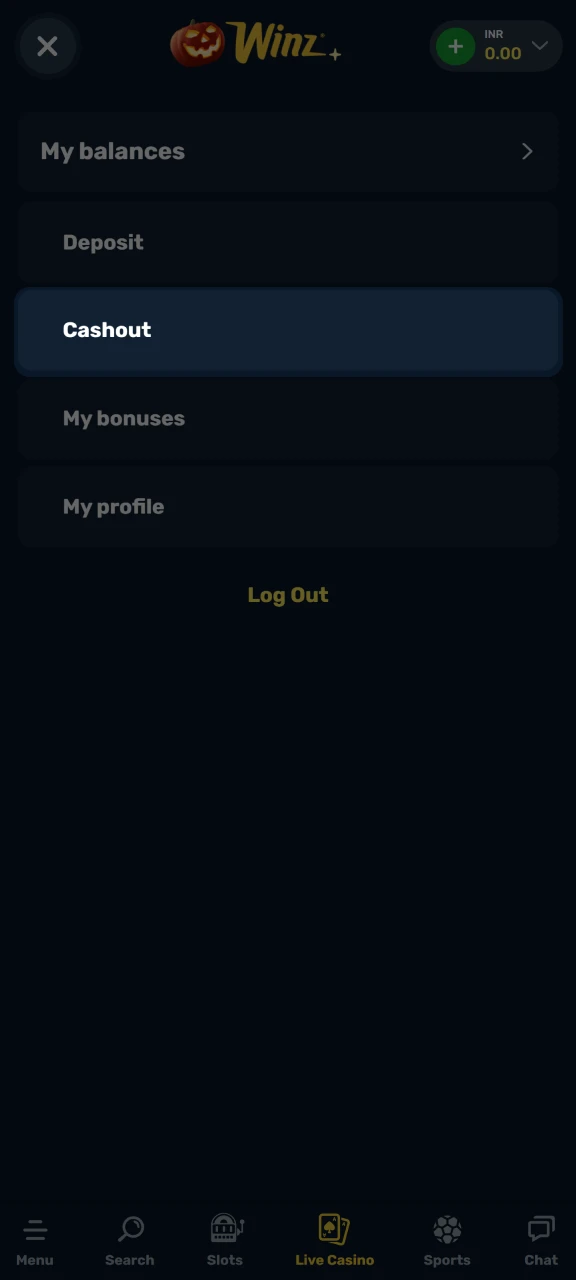 Open the withdrawal page on the Winz platform.