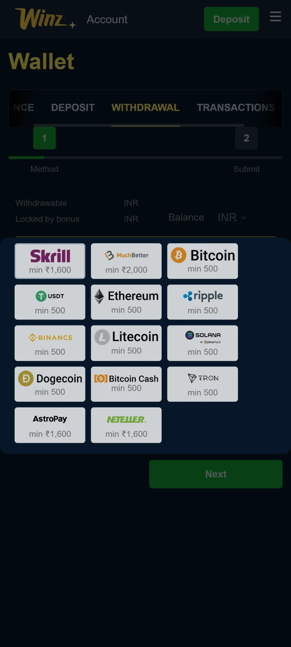 Select a withdrawal method on the WInz website.