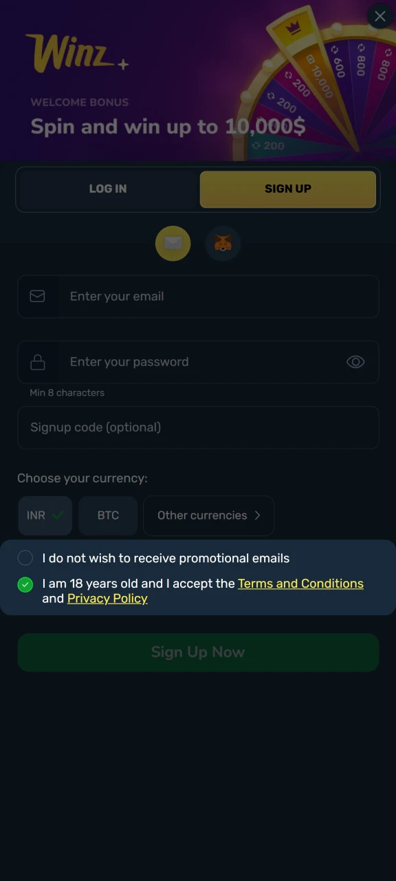 Check the box to accept the terms of use for the Winz platform.