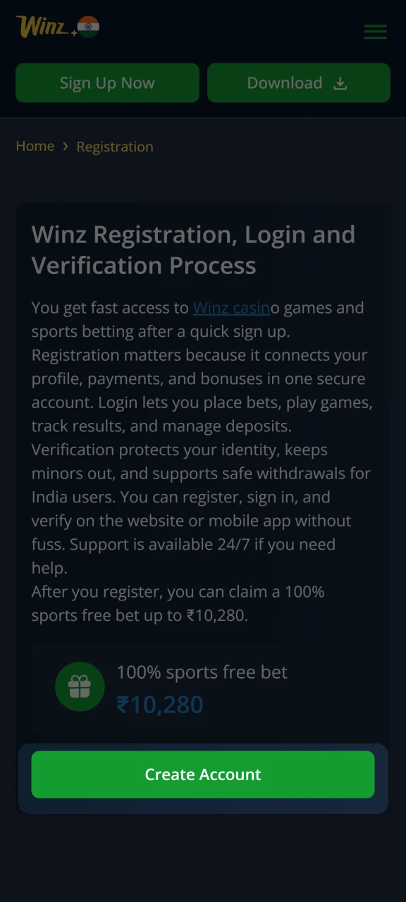 Click Create account to register at Winz.