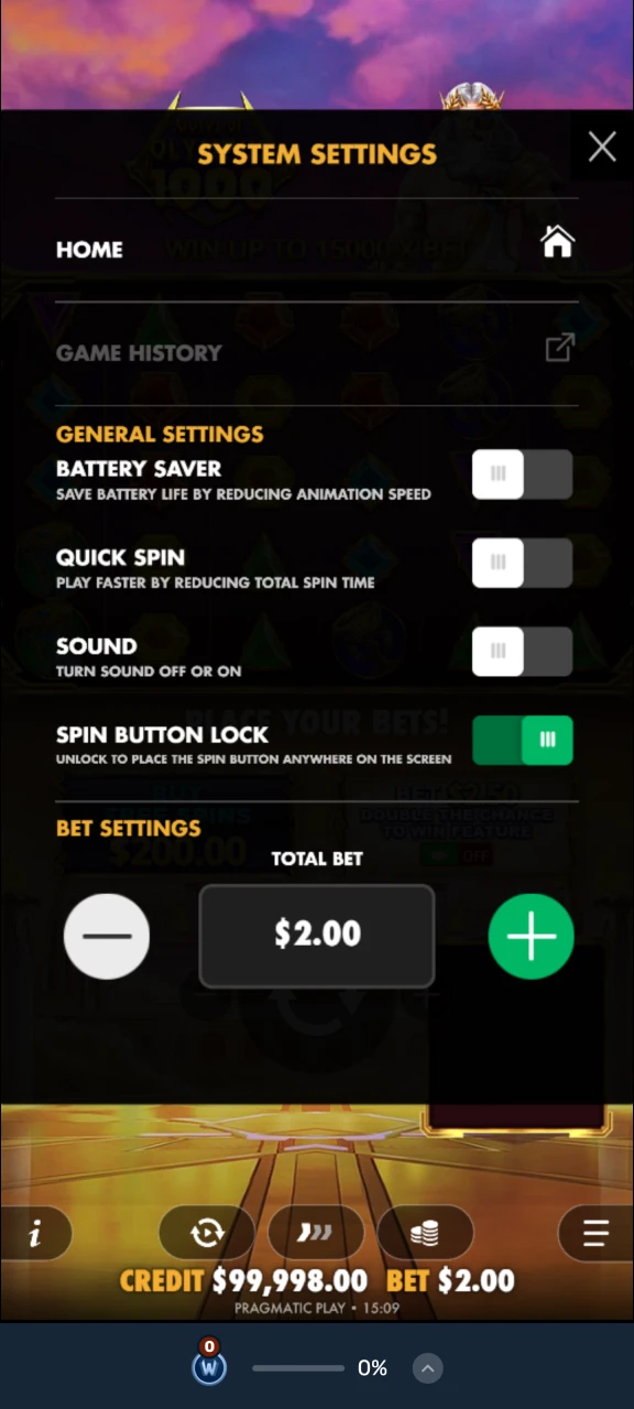 Select settings for your game at Winz.
