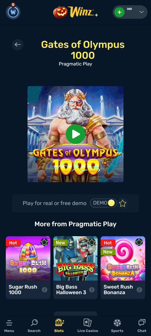 Start in demo mode or place real money bets at Winz.