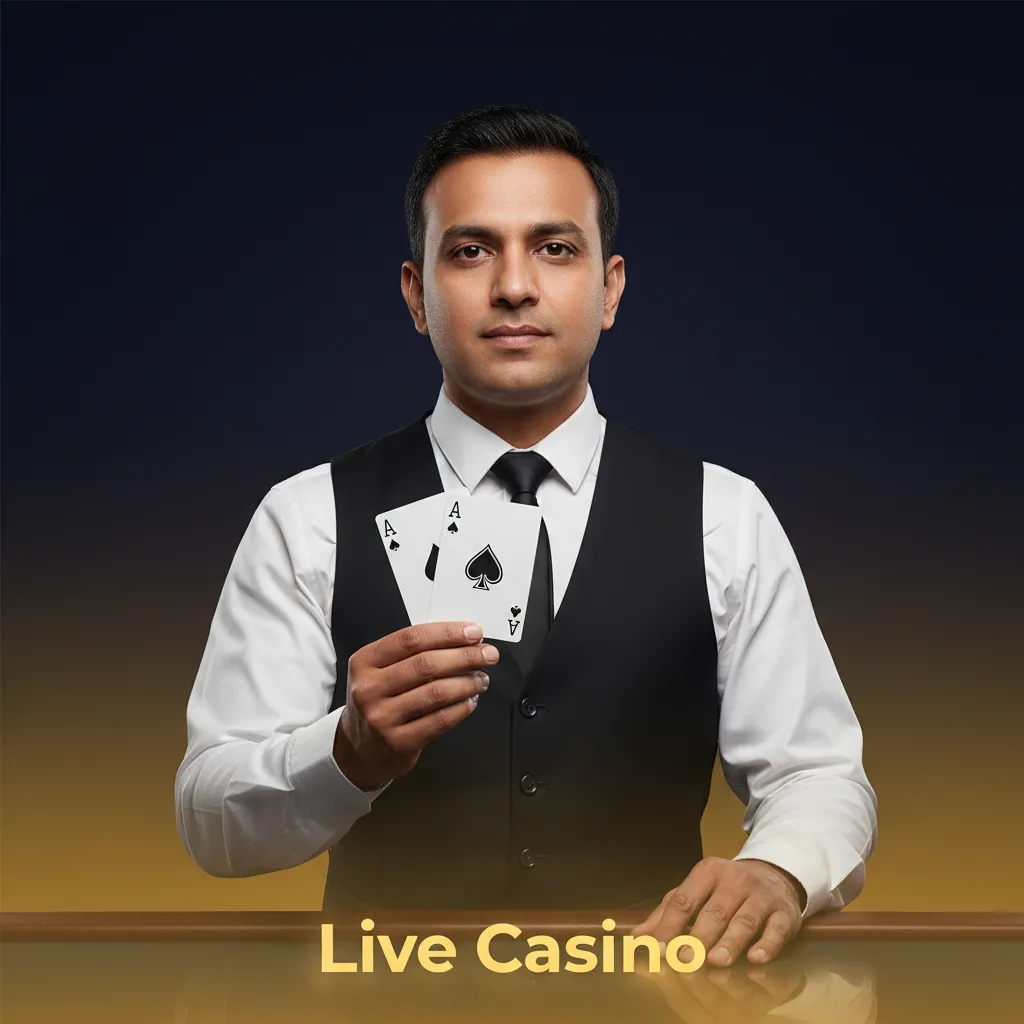 Live casino screen with streaming dealer, chat, real-time results; Roulette, Blackjack, Baccarat, Teen Patti, game shows.