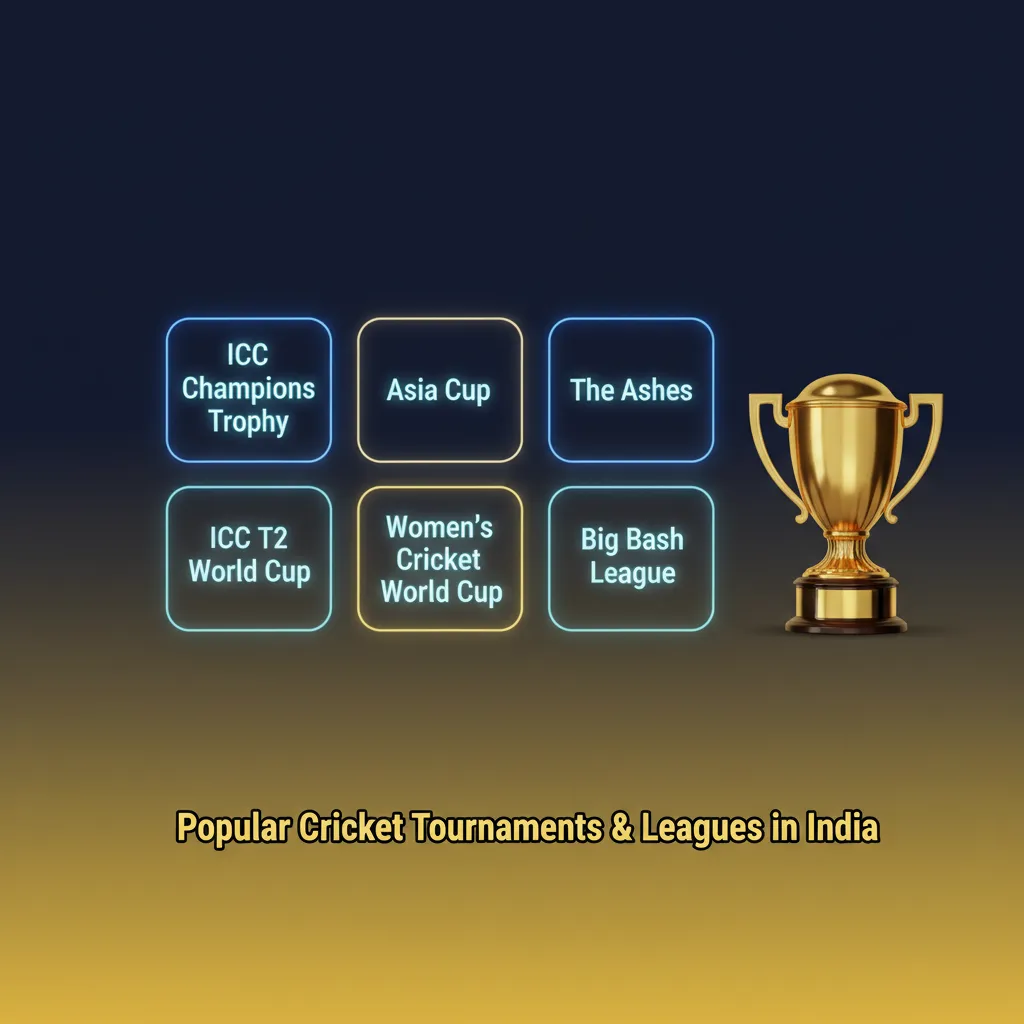 Infographic of popular cricket tournaments in India: IPL, ICC World Cups, Ranji Trophy, Syed Mushtaq Ali Trophy.
