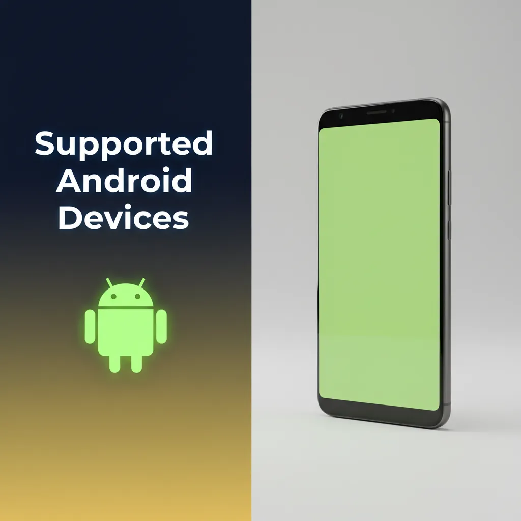 Supported Android devices: Galaxy S21-S23, OnePlus 9R/10 Pro, Redmi Note 10 Pro, Poco X3 Pro, Pixel 5-7; similar/newer OK