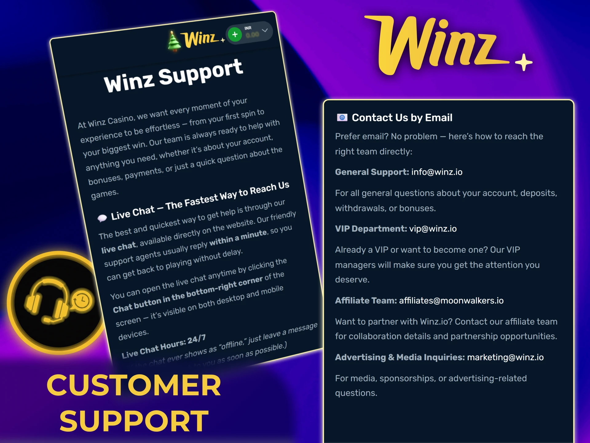Access Winz customer support via live chat, email, and FAQ guides.