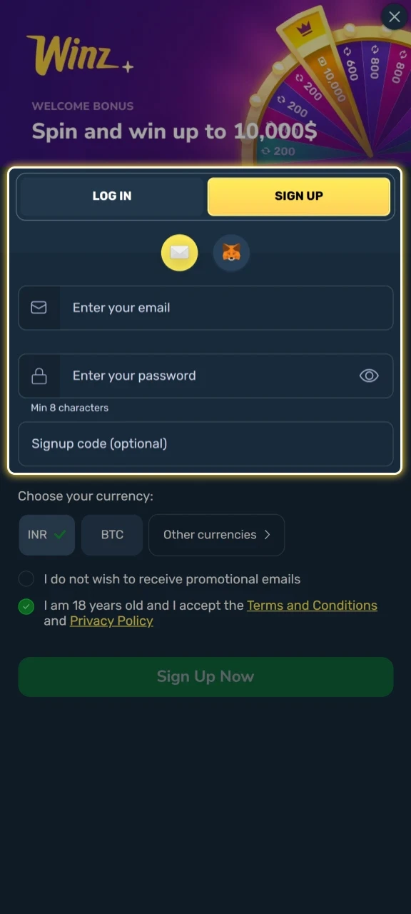 Create a Winz account by signing up with email or phone.
