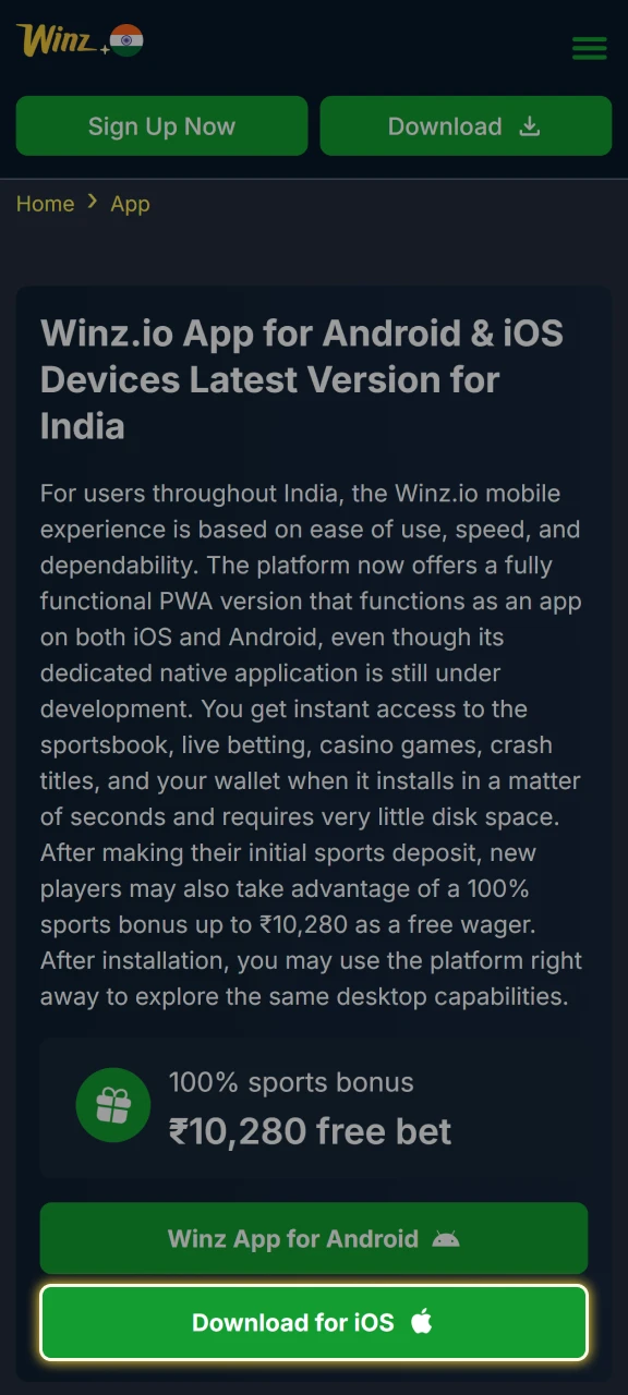 Tap the Download for iOS button in Safari to install the Winz app.