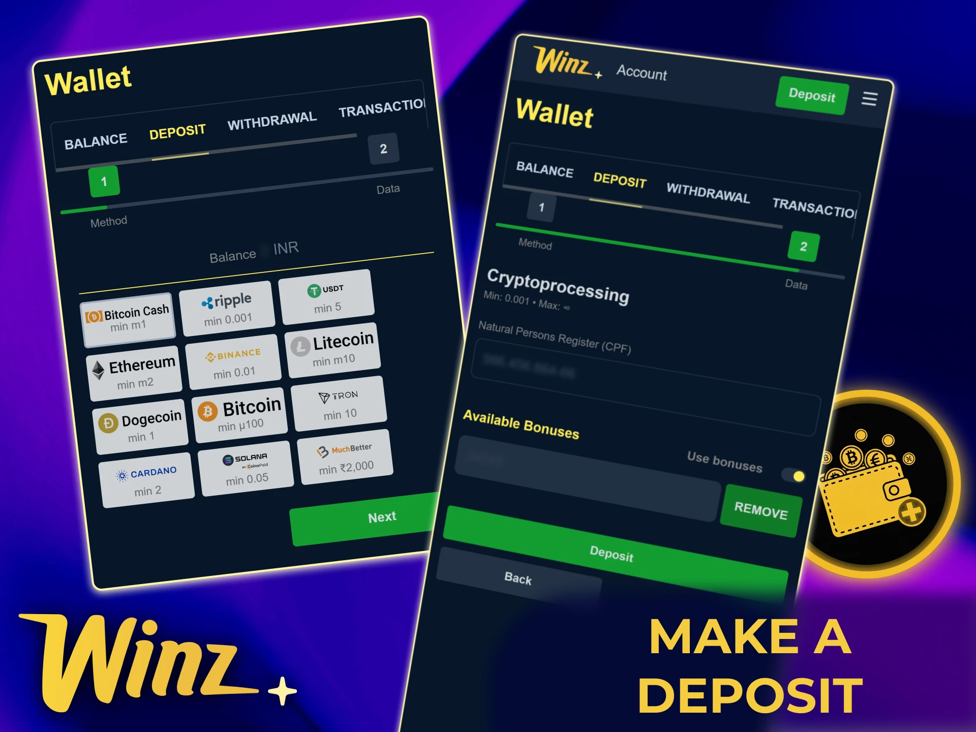 Deposit funds quickly and securely via Winz mobile app using crypto or cards.