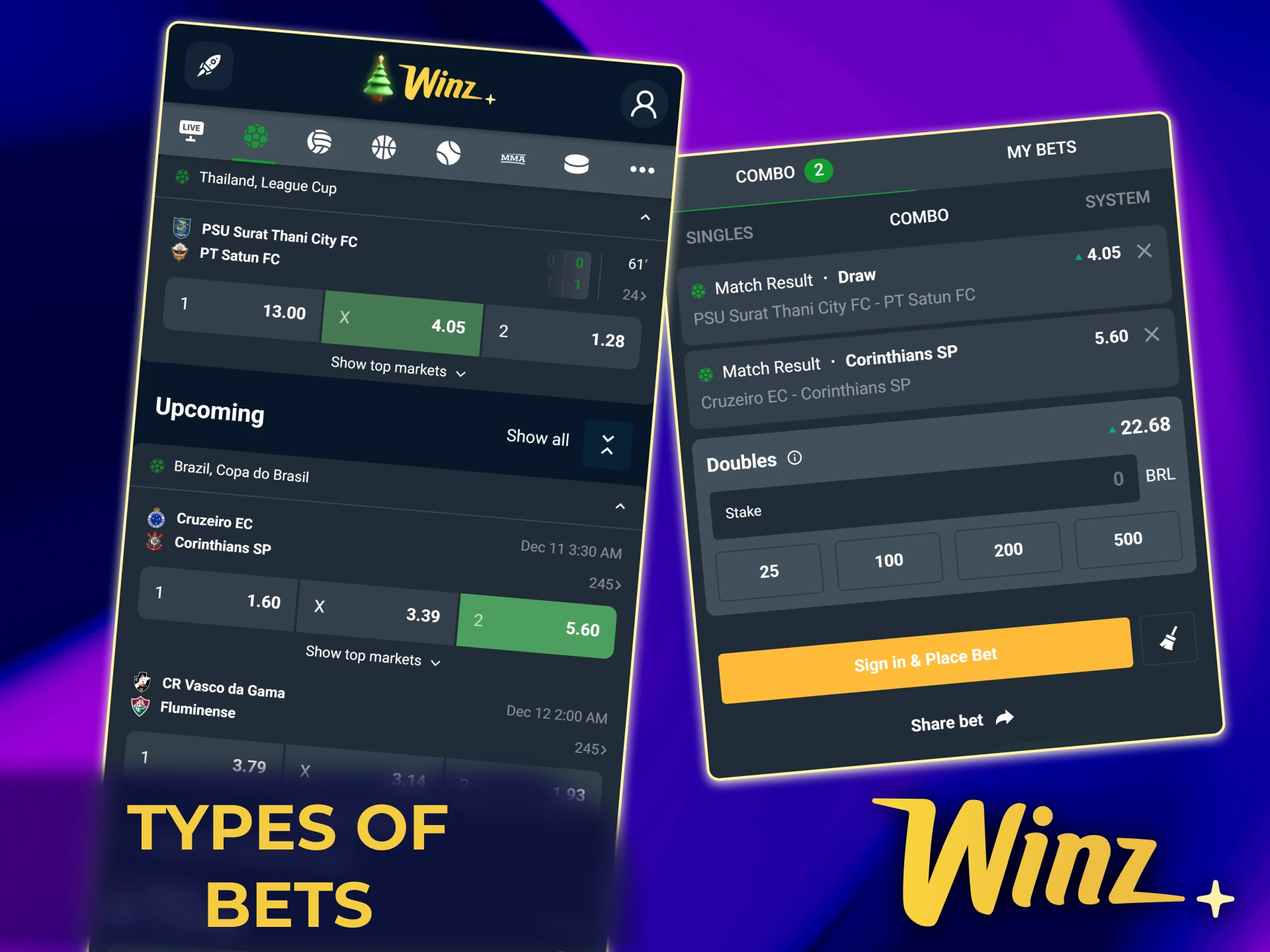 Choose single, accumulator, system, handicap, and live bets in Winz app.