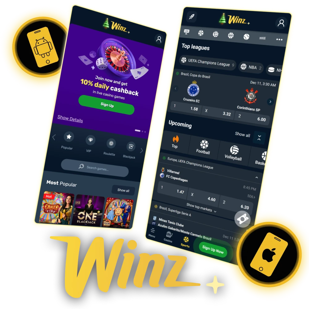 Download the Winz app on Android and iOS for fast betting.