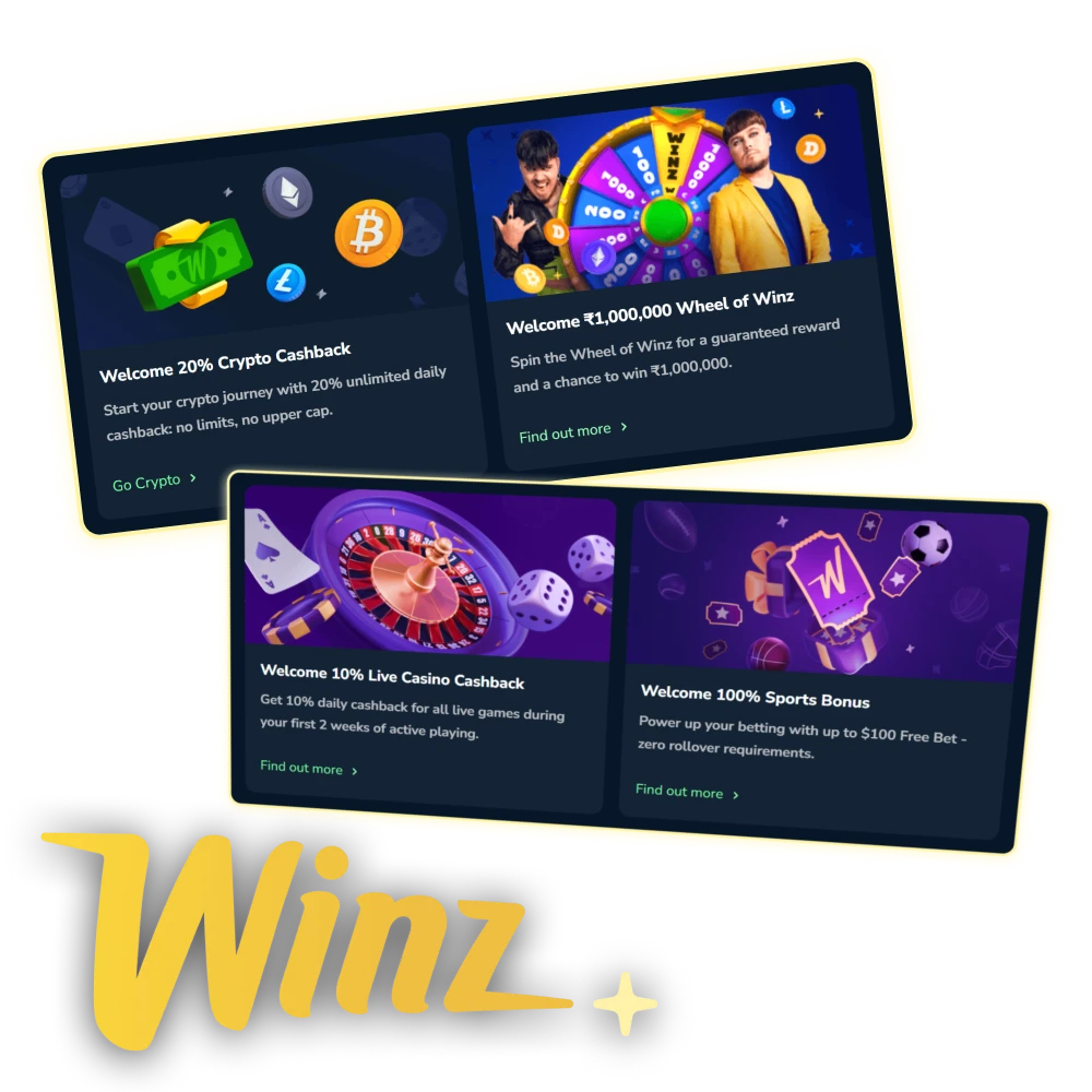 Winz welcome bonus offers in India with a sports freebet and casino promotions.