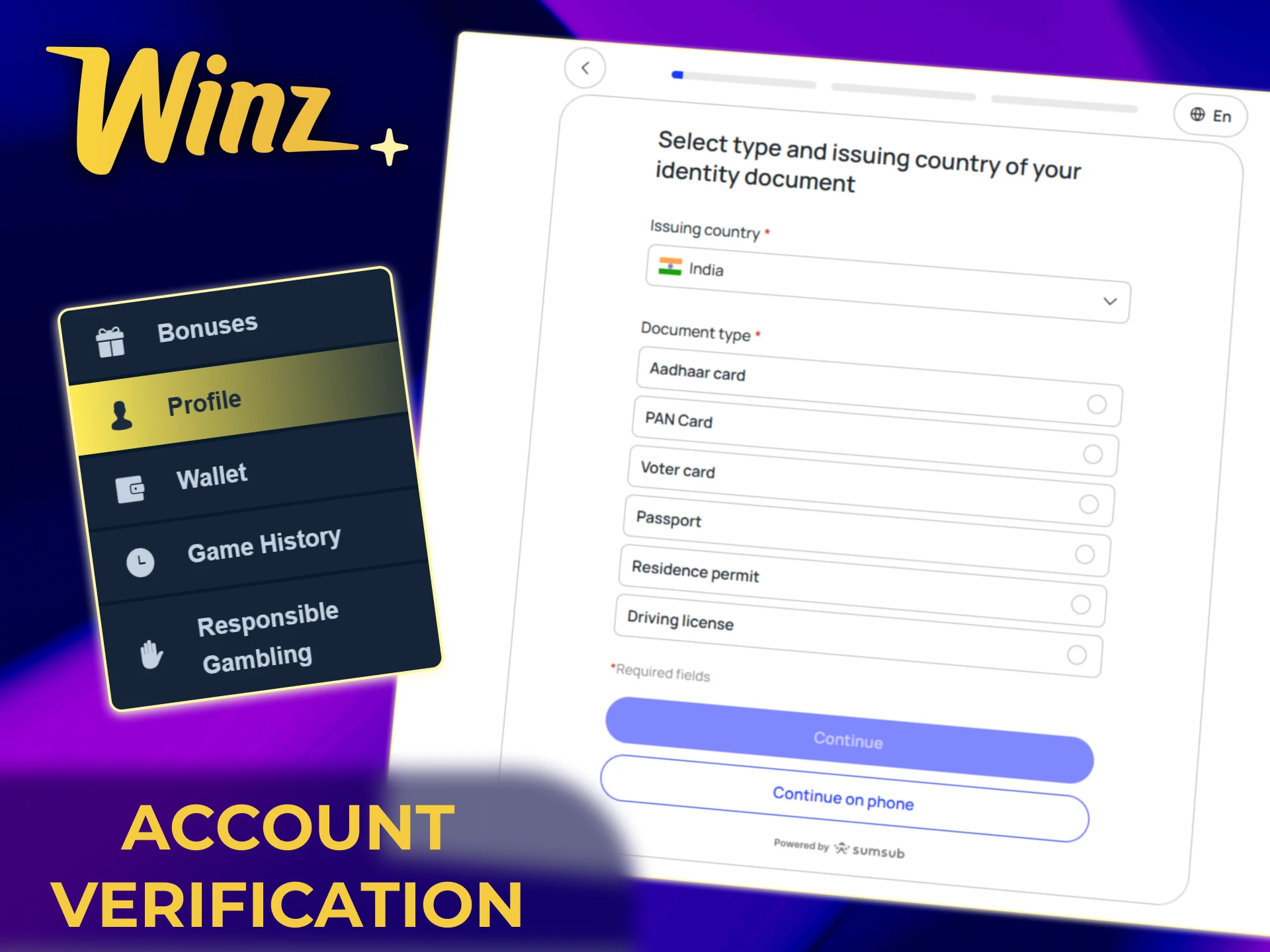 Verify your account on Winz India using PAN, Aadhaar, or passport for secure KYC.