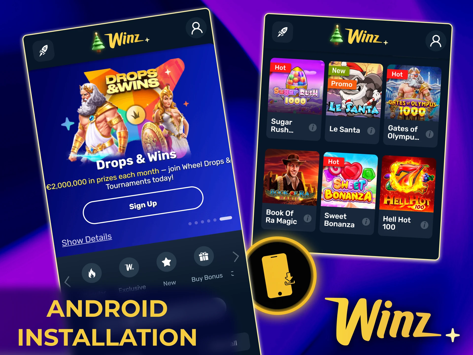 Install the official Winz Android PWA to start betting quickly on your phone.