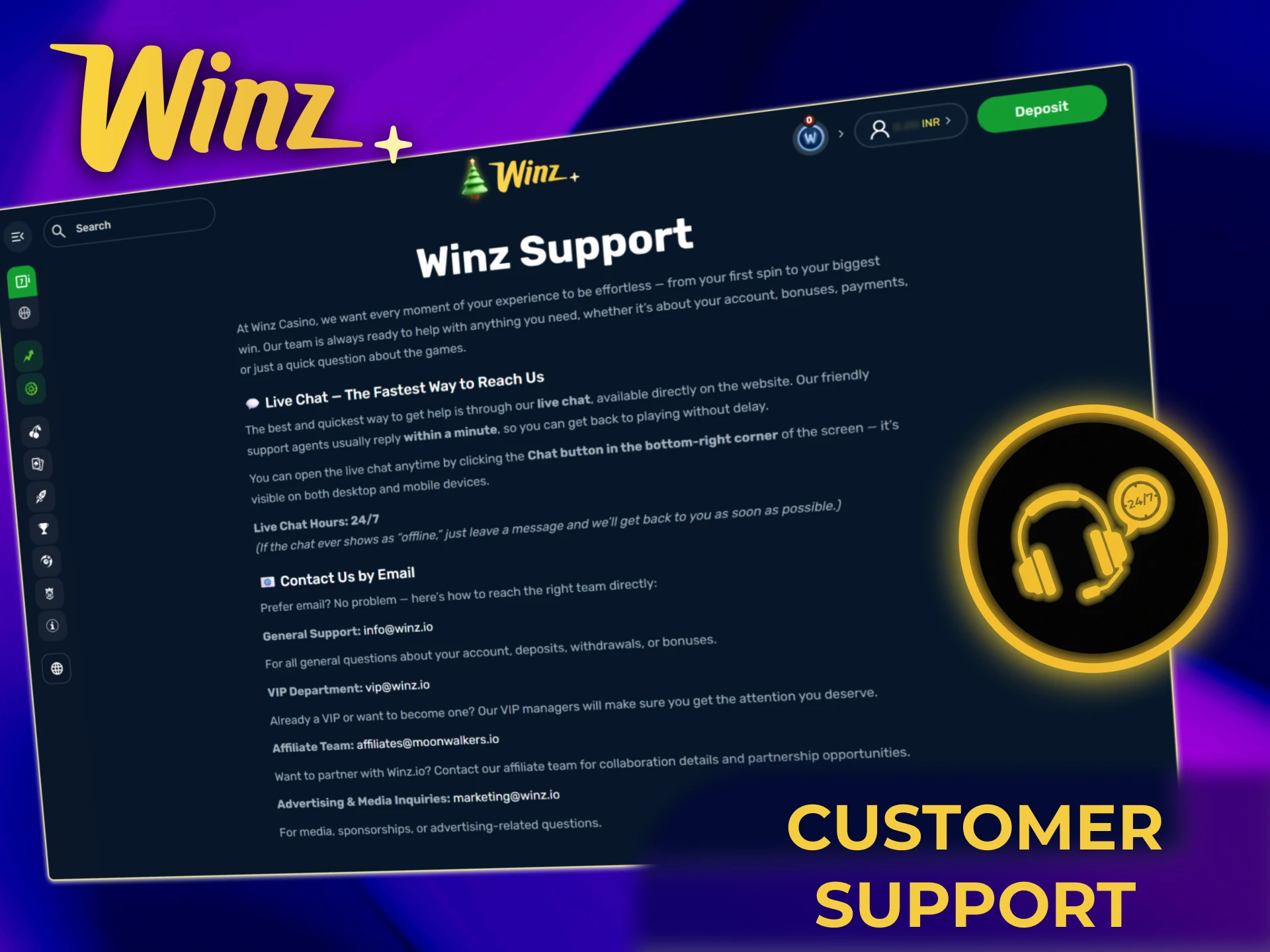 Contact Winz India support via live chat, email, or Help Centre.