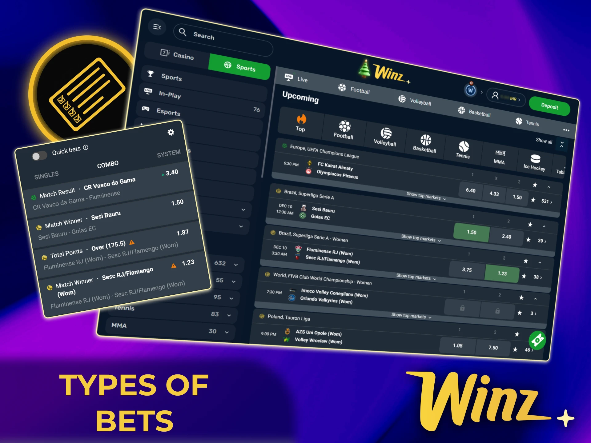 Place single, express, or system bets securely on the official Winz India platform.