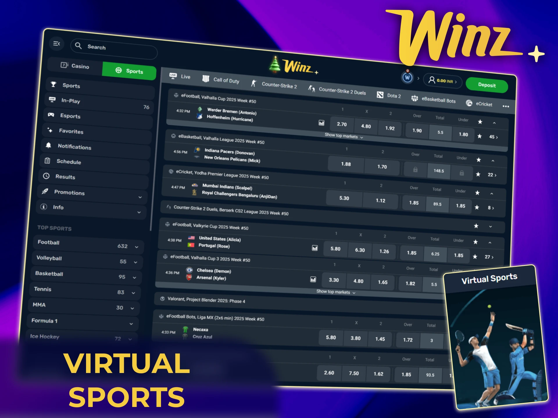 Enjoy 24/7 virtual sports betting with fast results on the official Winz India site.