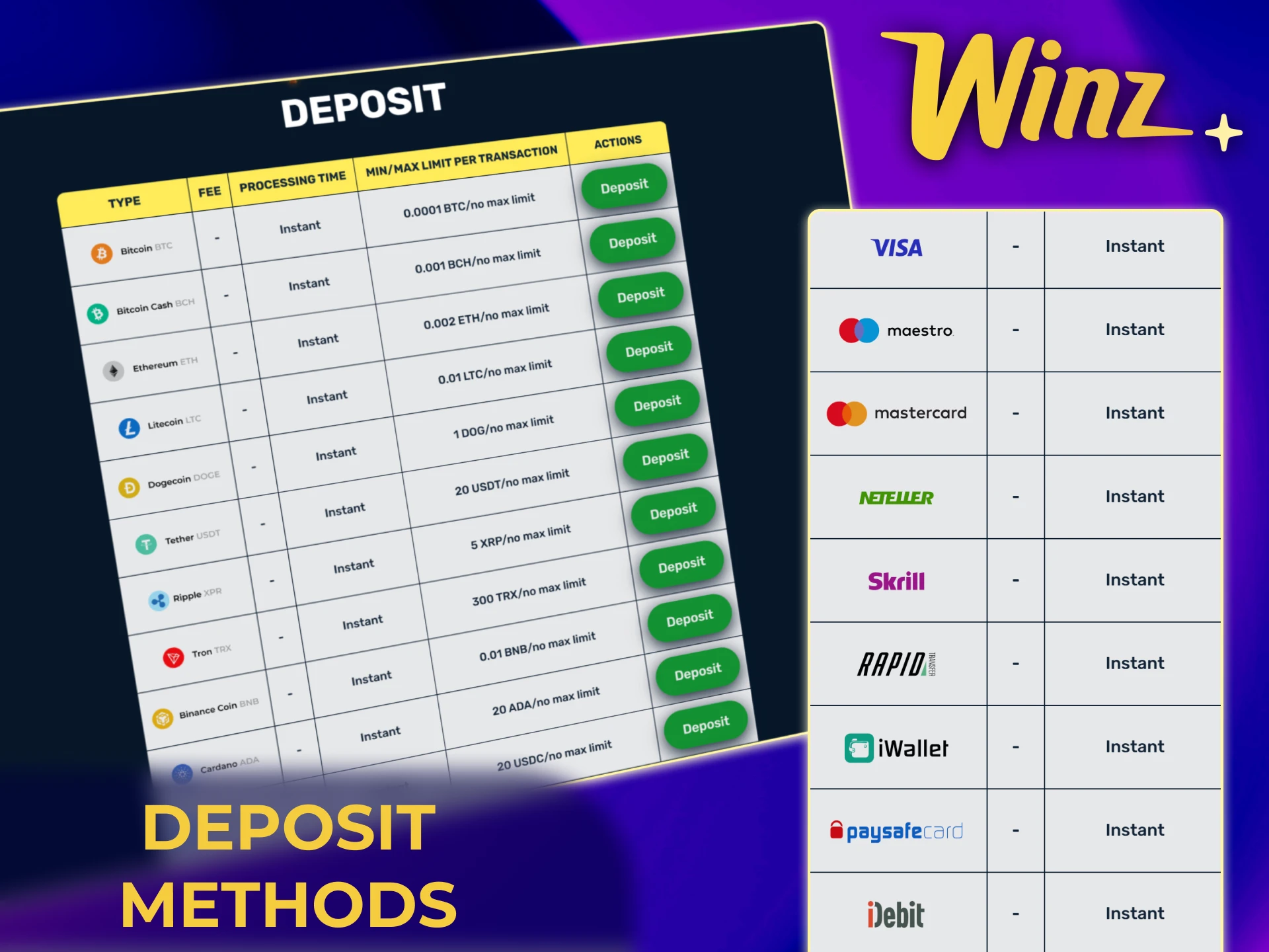 Popular Winz deposit methods in India include crypto and cards.